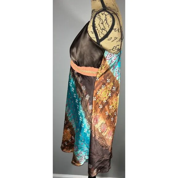 Y2K Satin Slip Dress XL Babydoll Boho Print Adjustable Straps Festival - Picture 8 of 10